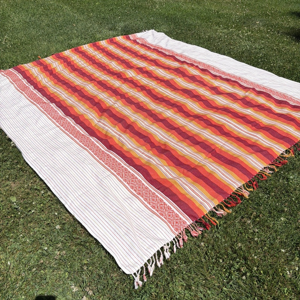 Vintage 100% Cotton Handwoven Colorful MCM Striped Blanket Rug Bangladesh 96x82